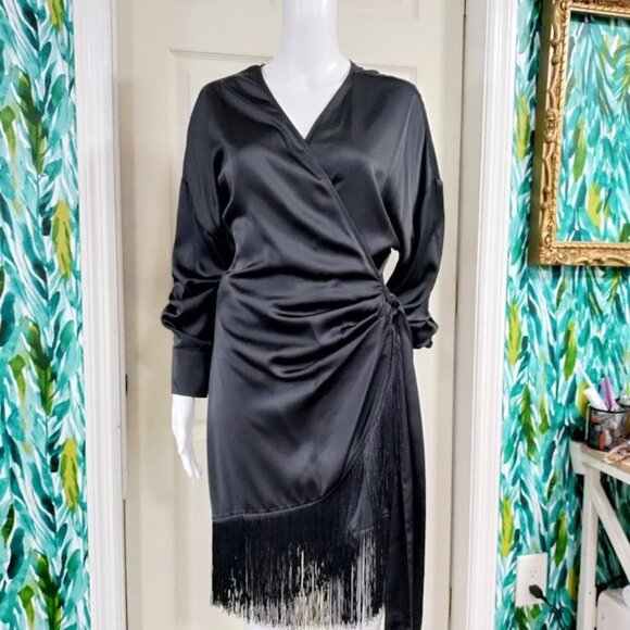 H&M Fringe-Trimmed Satin Surplice Whimsy Boho Festival Wrap Dress Black Medium - Picture 2 of 11